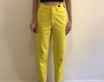 90s Versace Jeans Couture Highlighter Yellow Denim Super Model Jeans Tapered Leg