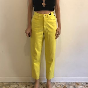 90s Versace Jeans Couture Highlighter Yellow Denim Super Model Jeans Tapered Leg