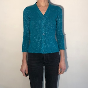70s Pierre Cardin Paris Turquoise Lurex Logo Button Up Ribbed Cardigan