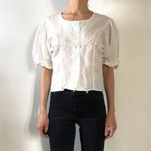 80s Cacharel Prairie Peasant Blouse White Cotton With Gathered Puff Sleeves image 1