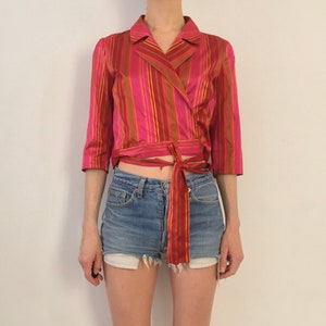 80s Kenzo Striped Silk Taffeta Wrap Blouse Bright Summer Chic