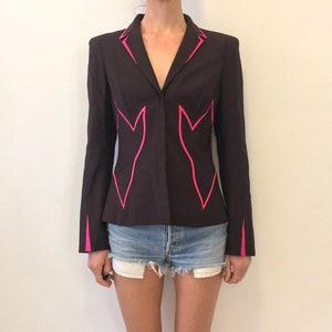 80s Thierry Mugler Couture Wool And Hot Pink Silk Insets Wasp Waist Dramatic Jacket Blazer