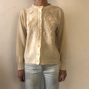 60s Sequined And Beaded Cream Wool Knit Cardigan Sweater