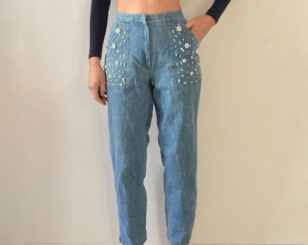80s High Waisted Pearl And Rhinestone Decorated Mom Jeans