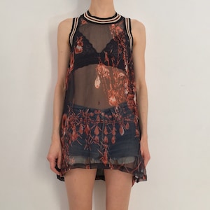 90s Jean Paul Gaultier Dress Silk Sheer Abstract Flames Club Kid Maxi Top