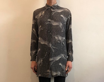 80s Kenzo Jeans Oversize Leaping Cheetah Sheer Rayon Blouse