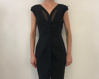 80s Thierry Mugler Black Cotton Dress Avant Garde Cut Outs And Wasp Waist