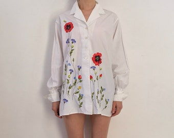 80s Kenzo Embroidered Floral White Cotton Oversize Tunic