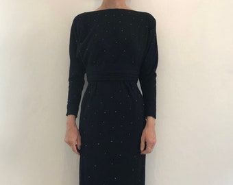 60s Wool Bat Wing Fitted Wiggle Dress With Prong Set Black Rhinestones And Draped Belt