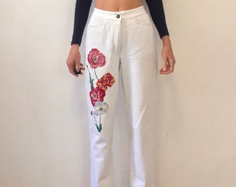 80s Kenzo Jeans Embroidered Poppies White Denim Chic Vibe
