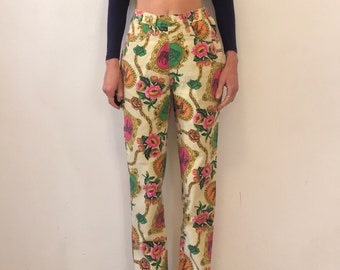 80s Kenzo Circus Animal Baroque Floral Cotton Jeans High Waisted Trousers