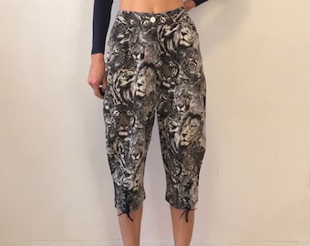80s Kenzo Tiger Lion Print Tropical  Lace-Up Johdpur Jeans Short Pants