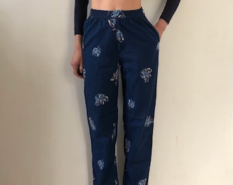 80s Kenzo Indigo Dye Cotton Floral Blue Roses Summer Trousers Pants