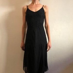 90s Betsey Johnson Black Silk Lace Beaded Bias Cut Slip Dress Elegant 30s