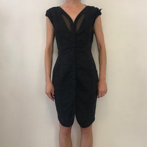 Vestido de cintura de avispa de algodón negro con aberturas de Thierry Mugler de la década de los 80