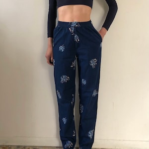80s Kenzo Indigo Dye Cotton Floral Blue Roses Summer Trousers Pants
