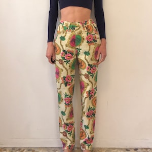 80s Kenzo Circus Animal Baroque Floral Cotton Jeans High Waisted Trousers