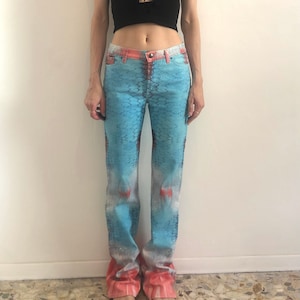 Just Cavalli ゼブラ柄 ブリーチ デニム M イタリア製 Y2K Y2K Cavalli Euro Trash Fish Scales Hot Pink Turquoise Stretch