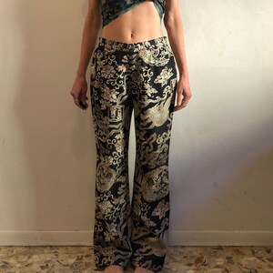 90s Kenzo Jeans Asian Dragon Graphic Black and Beige Wide Leg Club