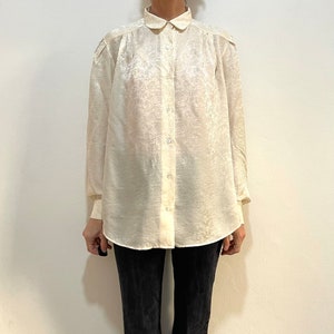 80s White Silk Roses Jacquard Minimalist Satin Blouse Shirt