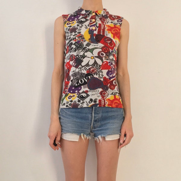 90s Moschino Jeans Pop Hippy Knit Jersey Sleeveless Floral Graffiti Top