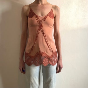 Y2K La Perla Dusky Pink Stretch Silk Sheer Slip Top With Lace Trim