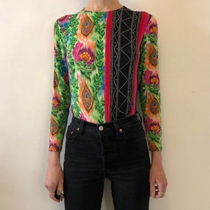 90s Versace Versus Rainbow Neon Club Kid Floral Color Block Jersey Long Sleeve Body Suit