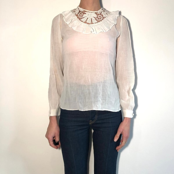 70s Encaje de ganchillo Beige Muslina Gasa Hippy Boho Blusa