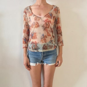 90s Jean Paul Gaultier French Bordello Sexy Ladies Print Sheer Mesh Cub Kid Top