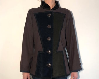 70s Saint Laurent Rive Gauche Brown Wool And Velvet Military Two Tone Coat Large Size