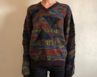 80s Missoni Patchwork Multi Color Amazing V Neck Wool Sweater