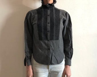 70s Kenzo High Necked Grey Melange Cotton Blouse Shirt With Smocking Front And High Collar