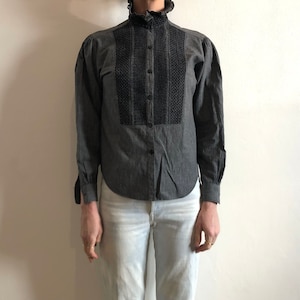 70s Kenzo High Necked Grey Melange Cotton Blouse Shirt With Smocking Front And High Collar