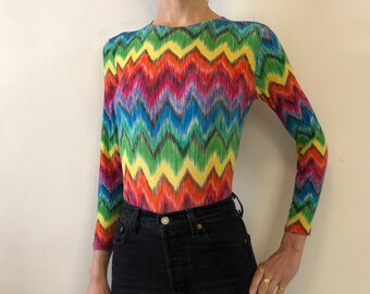 90s Versace Versus Rainbow Zig Zag Color Block Jersey Long Sleeve Body Suit