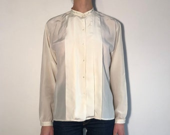 80s Genny White Silk Blouse Pleated Front And Embroidered Collar