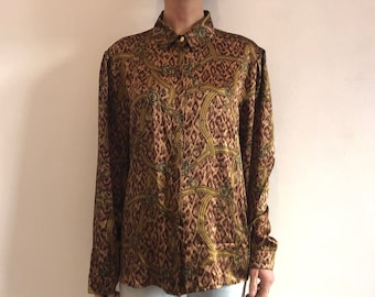 80s Silk Leopard Print With Chains And Buckles Oversize Baroque Extravagant Button Up Blouse