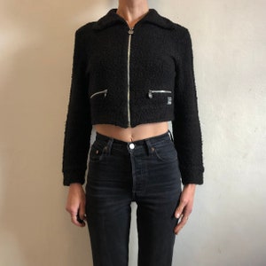 1990s Versace Versus Black  Boucle Cropped Poly Knit Club Kid Zip Up Sweater