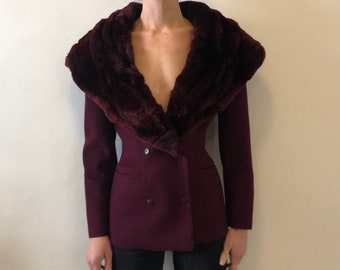 90s Claude Montana Super Drama Fur Collar Bordeaux Cashmere And Wool Jacket Outstanding!! Extra Small Waist