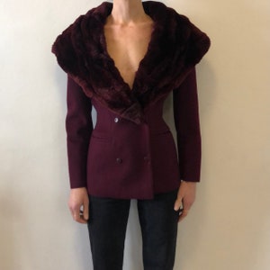 90s Claude Montana Super Drama Fur Collar Bordeaux Cashmere And Wool Jacket Outstanding!! Extra Small Waist