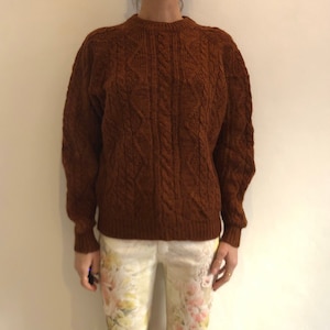 80s Aran Irish Wool Knit Rust Brown Chunky Winter Oversize Sweater