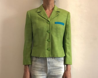 90s Versace Versus Acid Green Wool Lion Buttons Cropped Jacket With Blue Accents