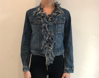 Y2K Plein Sud Raw Fringe Vintage Denim Cropped Jacket Club Kid Raver