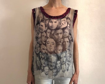 90s Jean Paul Gaultier Faces Sheer Silk Oversize Club Kid Tank Top