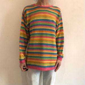 80s Neon Rainbow Striped Cotton Oversize Slouchy Lace Knit Sweater