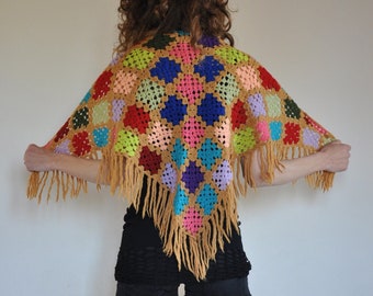 Granny crochet knit fringe triangular scarf, 70's boho colorful wool