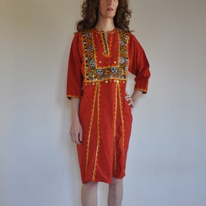 70s boho mirrored Indian caftan dress with embroidery and metal coins
