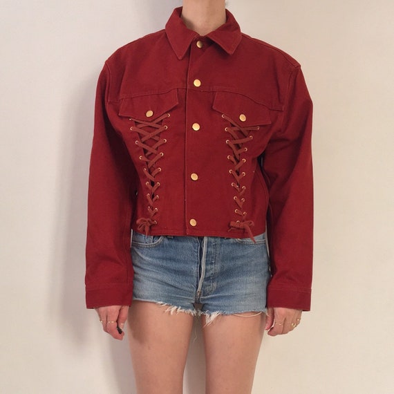 90s Junior Jean Paul Gaultier Lace up Red Denim Jeans Jacket - Etsy