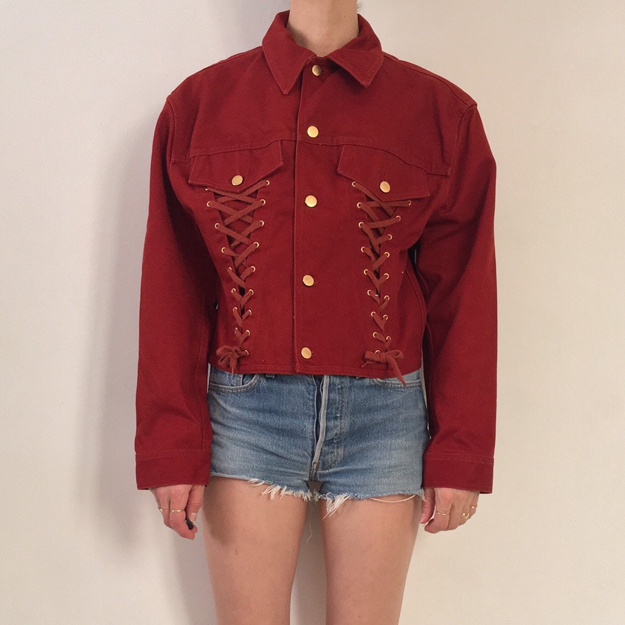 90s Junior Jean Paul Gaultier Lace up Red Denim Jeans Jacket 90s Junior Jean Paul Gaultier Lace up Red Denim Jeans Jacket
