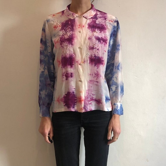 60s Hand Embroidered Silk Blouse Hand Dyed Psyche… - image 1