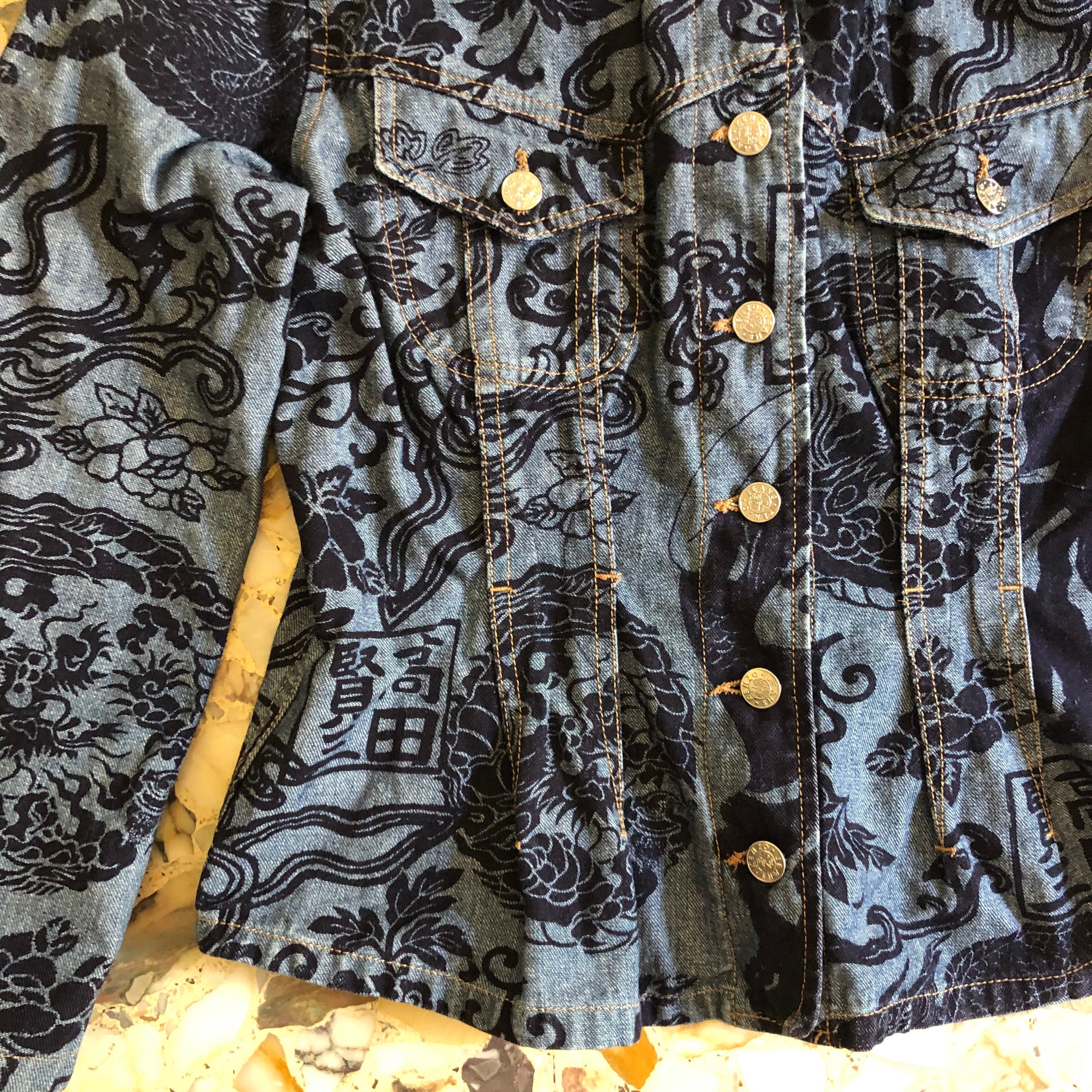 80s Kenzo Jeans Japanese Asian Print Denim Jacket With Frayed